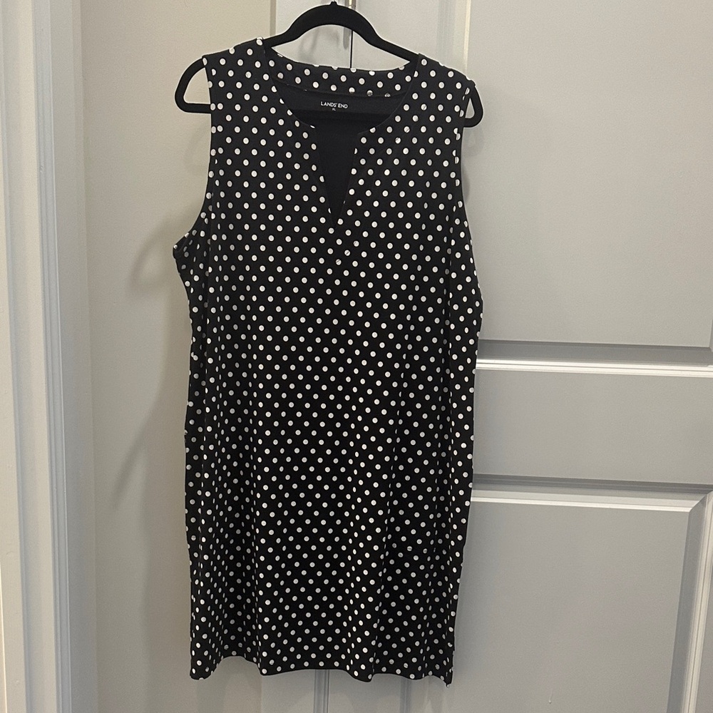 Lands' End Black Dress with White Polka Dots XL